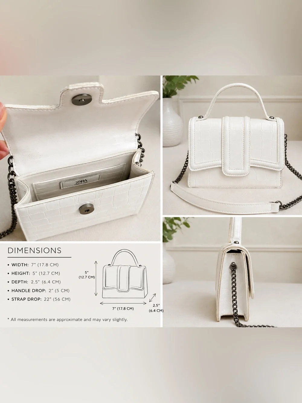 🖤 Zara Crossbody White Mini Top Handle Purse with Chain Strap - Picture 3 of 4